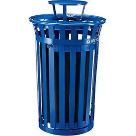 Global Industrial 261943BL Global Industrial™ Outdoor Slatted Recycling Can w/Access Door & Rain Lid, 36 Gallon, Blue image.