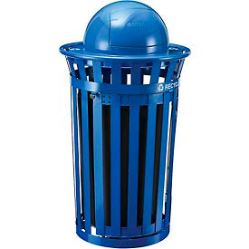 Global Industrial Outdoor Slatted Recycling Can w/Access Door & Dome Lid, 36 Gallon, Blue