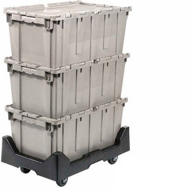 Global Industrial 257814GYP Attached Lid Shipping Container 27-3/16 x 16-5/8 x 12-1/2 Gray with Dolly Combo image.