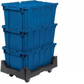 Global Industrial 257814BLP Attached Lid Shipping Container 27-3/16 x 16-5/8 x 12-1/2 Blue with Dolly Combo image.