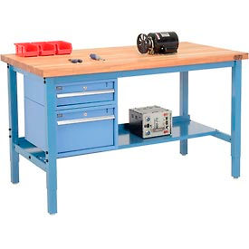 Global Industrial 319159 Global Industrial™ 60x30 Production Workbench - Maple Square Edge - Drawers & Lower Shelf Blue image.