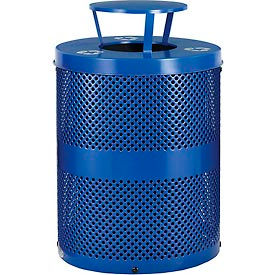 Global Industrial 261961BL Global Industrial™ Outdoor Perforated Steel Recycling Can w/Rain Bonnet Lid, 36 Gallon, Blue image.