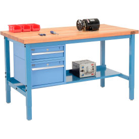 Global Industrial 319240BL Global Industrial™ 60 x 36 Production Workbench - Maple Square Edge - Drawers & Shelf - Blue image.