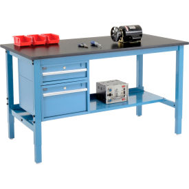 Global Industrial 319244BL Global Industrial™ 60 x 36 Production Workbench - Phenolic Safety Edge - Drawers & Shelf Blue image.