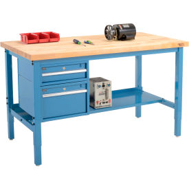 Global Industrial 319259BL Global Industrial™ 72 x 36 Production Workbench - Birch Square Edge - Drawers & Shelf - Blue image.