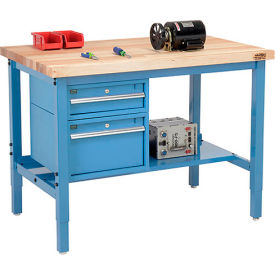 Global Industrial 319268BL Global Industrial™ 96 x 30 Production Workbench - Maple Square Edge - Drawers & Shelf - Blue image.