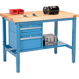 Global Industrial 48 x 30 Production Workbench - Birch Square Edge - Drawers & Shelf - Blue