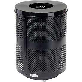 Global Industrial 261925BKD Global Industrial™ Outdoor Perforated Steel Trash Can With Flat Lid & Base, 36 Gallon, Black image.