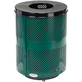 Global Industrial 261925GND Global Industrial™ Outdoor Perforated Steel Trash Can With Flat Lid & Base, 36 Gallon, Green image.
