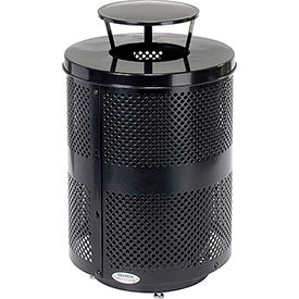 Global Industrial 261927BKD Global Industrial™ Outdoor Perforated Steel Trash Can W/Rain Bonnet Lid & Base, 36 Gallon,Black image.