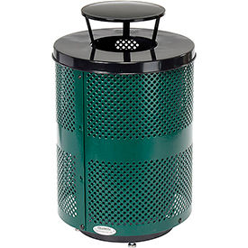 Global Industrial 261927GND Global Industrial™ Outdoor Perforated Steel Trash Can W/Rain Bonnet Lid & Base, 36 Gallon,Green image.