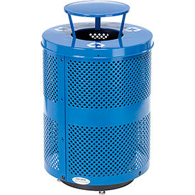 Global Industrial 261927RBLD Global Industrial™ Outdoor Perforated Steel Recyling Can W/Rain Bonnet Lid & Base, 36 Gal, Blue image.