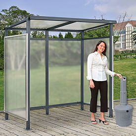 Global Industrial 493404GYP Global Industrial™ Bus Smoking Shelter 3-Side W/GRY 5 Gallon Outdoor Ashtray 65"Wx38"Dx7H image.