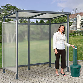 Global Industrial 493404GNP Global Industrial™ Bus Smoking Shelter Flat Roof 3-Side Green 5 Gal. Ashtray 65" x38" x7 image.