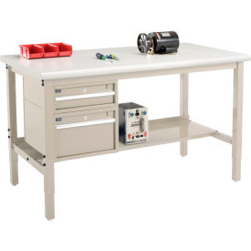 Global Industrial 60 x 36 Production Workbench - Laminate Safety Edge - Drawers & Shelf - Tan Global Industrial 60 x 36 Production Workbench - Laminate Safety Edge - Drawers & Shelf - Tan