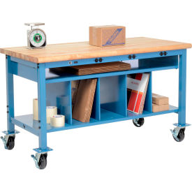 Global Industrial 244209AB Global Industrial™ Mobile Packing Workbench W/Lower Shelf & Power, Maple Safety Edge, 60"Wx30"D image.