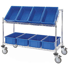 Global Industrial 493427BL Global Industrial™ Easy Access Slant Shelf Chrome Wire Cart, 8 Blue Grid Containers 48Lx18Wx48H image.