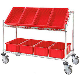 Global Industrial 493427RD Global Industrial™ Easy Access Slant Shelf Chrome Wire Cart, 8 Red Grid Containers, 48Lx18Wx48H image.