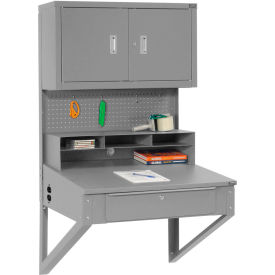 Global Industrial 249691GY Global Industrial™ Wall Mount Shop Desk w/ Pegboard & Cabinet, 34-1/2"W x 30"D, Gray image.