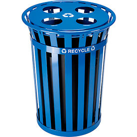 Global Industrial 641365RBL Global Industrial™ Outdoor Steel Slatted Recycling Can With Multi-Stream Lid, 36 Gallon, Blue image.