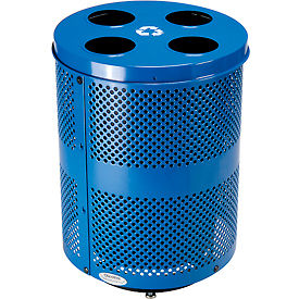 Global Industrial 641368RBLD Global Industrial™ Deluxe Outdoor Perforated Steel Recycling Can W/Multi-Stream Lid,36 Gal,Blue image.