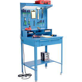 Global Industrial 319416BL Global Industrial™ Flat Surfaced Shop Desk w/ Pegboard & Top Shelf, 34-1/2"W x 30"D, Blue image.