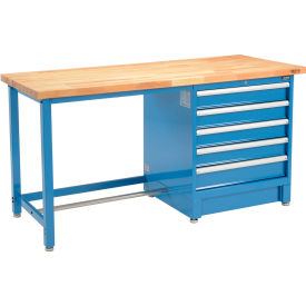 Global Industrial 72Wx30D Modular Workbench, 5 Drawers, Birch Butcher Block Square Edge, Blue