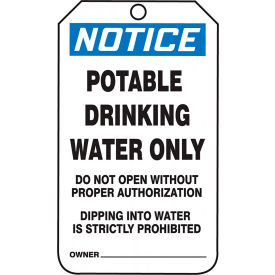 ACCUFORM MANUFACTURING MNT246PTP Accuform MNT246PTP Safety Tag, NOTICE POTABLE DRINKING WATER ONLY, 5.75"H x 3.25"W, Plastic, 25/PK image.