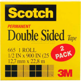 3m 6652PK Scotch® Double Sided Tape 665-2PK, 1/2" x 900", 1" Core, 2 Rolls/Pack image.