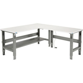 Global Industrial 493734GY Global Industrial™ L-Shaped Adjustable Height Workbench, ESD Laminate Square Edge, 72"W x 78"D image.