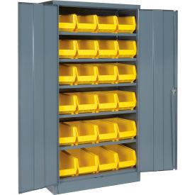 Global Industrial 500439 Locking Storage Cabinet 36"W X 18"D X 72"H With 24 Yellow Stacking Bins and 6 Shelving Assembled image.