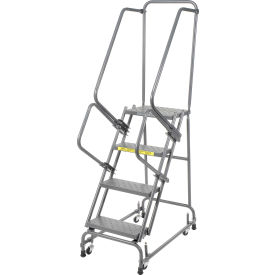 Ballymore Co Inc FSH418P Perforated 16"W 4 Step Steel Rolling Ladder 14"D Top Step W/ Handrails - Gray - FSH418P image.