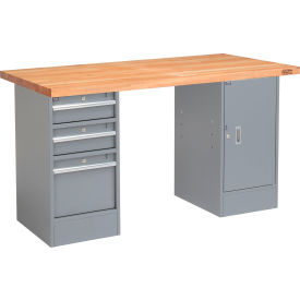 Global Industrial&#153; 72 x 30 Pedestal Workbench - 3 Drawers & Cabinet Maple Square Edge - Gray