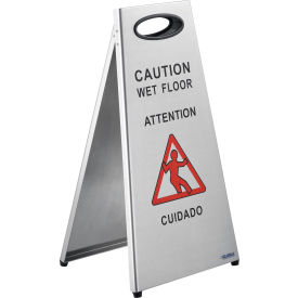 Global Industrial 641436 Global Industrial™ Stainless Steel Floor Sign 2 Sided Multi-Lingual - Caution image.