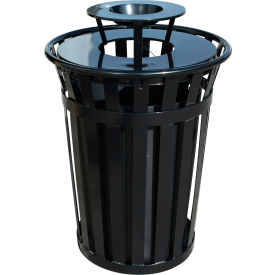 Global Industrial 641632BK Global Industrial™ Outdoor Slatted Steel Trash Can w/ Ashtray Lid, 36 Gallon, Black image.
