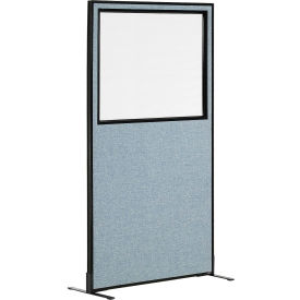 Global Industrial 695787FWBL Interion® Freestanding Office Partition Panel with Partial Window, 24-1/4"W x 96"H, Blue image.