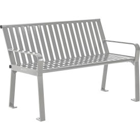 Global Industrial 694853GYKD Global Industrial™ 4 Outdoor Bench with Back, Vertical Steel Slat, Gray image.