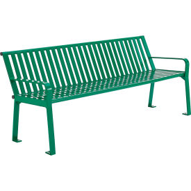 Global Industrial 694853KD Global Industrial™ 4 Outdoor Bench with Back, Vertical Steel Slat, Green image.