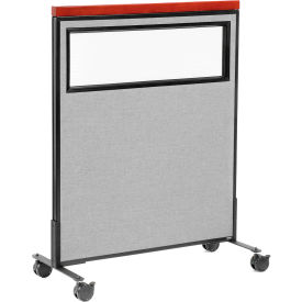 Global Industrial 694991MGY Interion® Mobile Deluxe Office Partition Panel with Partial Window, 36-1/4"W x 46-1/2"H, Gray image.