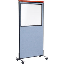 Global Industrial 695792WMBL Interion® Mobile Deluxe Office Partition Panel with Partial Window, 36-1/4"W x 100-1/2"H, Blue image.