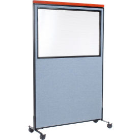 Global Industrial 695793WMBL Interion® Mobile Deluxe Office Partition Panel with Partial Window, 48-1/4"W x 100-1/2"H, Blue image.