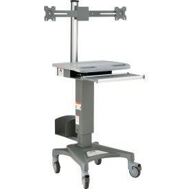 Global Industrial 695436D Global Industrial™ Mobile Sit-Stand Computer Workstation With Dual Monitor Mount, Gray image.