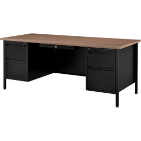 Global Industrial 695633WN Interion® Steel Teachers Desk, 72"W x 30"D, Walnut Top with Black Frame image.