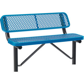 Global Industrial 695743IBL Global Industrial™ 4 Outdoor Steel Bench w/ Backrest, Expanded Metal, In Ground Mount, Blue image.