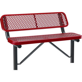Global Industrial 4' Outdoor Steel Bench w/ Backrest, Expanded Metal, In Ground Mount, Red