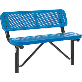 Global Industrial 695744IBL Global Industrial™ 4 Outdoor Steel Bench w/ Backrest, Perforated Metal, In Ground Mount, Blue image.
