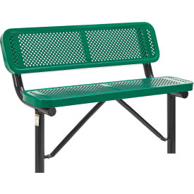 Global Industrial 695744IGN Global Industrial™ 4 Outdoor Steel Bench w/ Backrest, Perforated Metal, In Ground Mount, Green image.