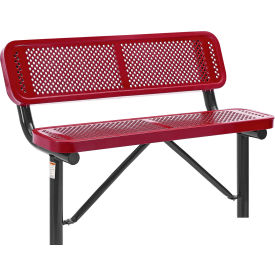 Global Industrial 4' Outdoor Steel Bench w/ Backrest, Perforated Metal, In Ground Mount, Red