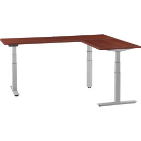 Global Industrial 695777LMHGY Interion® L-Shaped Electric Height Adjustable Desk, 60"W x 24"D, Mahogany W/ Gray Base image.