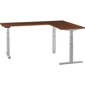 Global Industrial 695777LWNGY Interion® L-Shaped Electric Height Adjustable Desk, 60"W x 24"D, Walnut W/ Gray Base image.